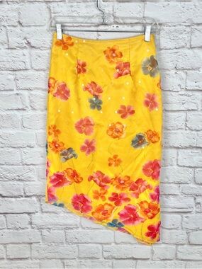 Jessica McClintock Vintage 90s Yellow Floral Sequin Asymmetrical Skirt Size 6